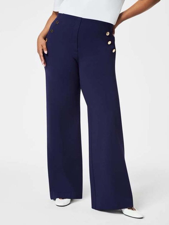 Spanx Navy Wide-Leg High-Rise Pants With Gold Buttons Size L